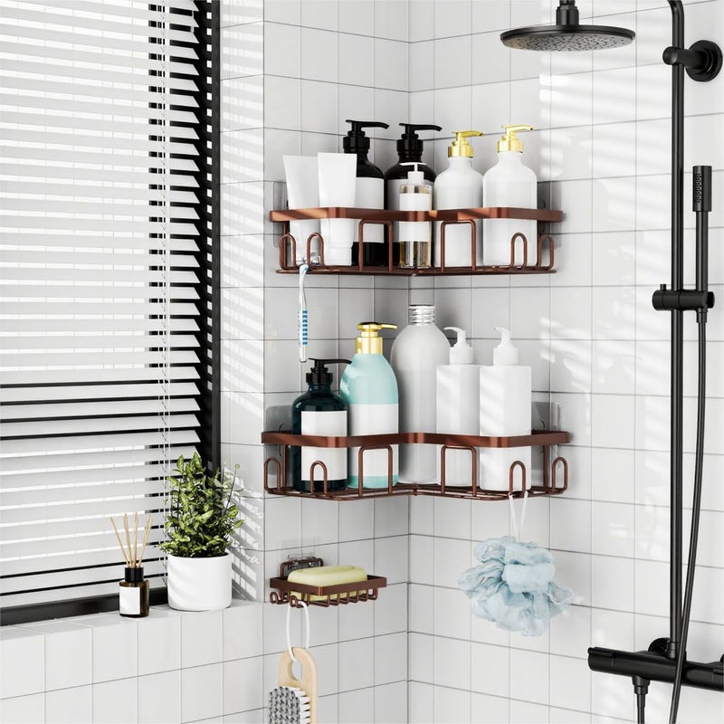 Moforoco Corner Shower Caddy Shelf Organizer Rack, Self Adhesive Black Bathroom Shelves Basket, Home Wall Shower Inside Organization and Storage Decor Rv Accessories, First Apartment Essentials(Brown) - Image 2